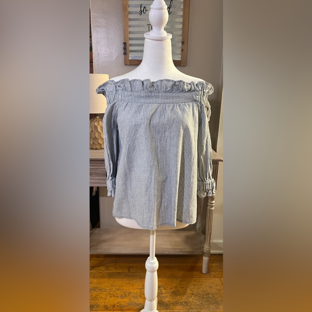 ELLISON Off-Shoulder Smocked Linen Blend Striped Top Small